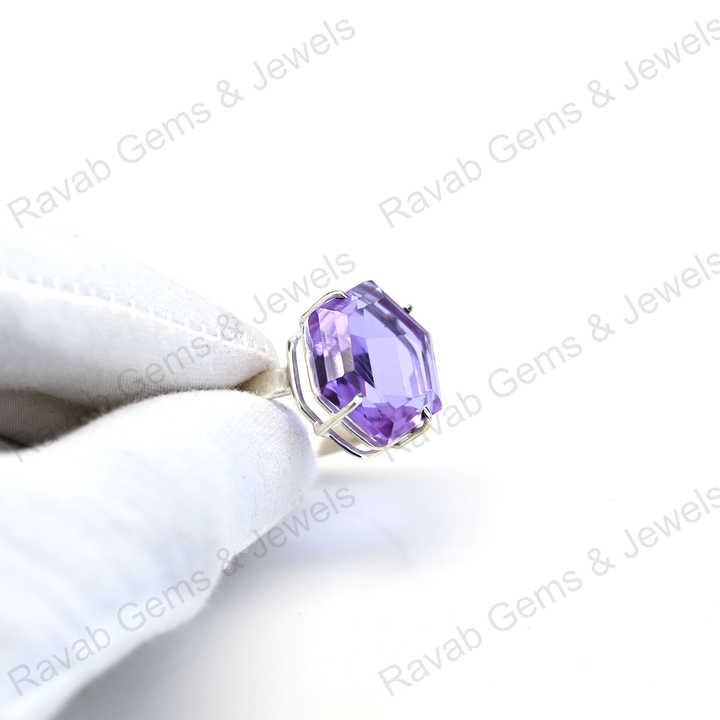 New Arrival Top Quality Solid 925 Sterling Silver Purple Amethyst Quartz Hexagon Cut Shape Ring for Women Fine Handmade Jewelry