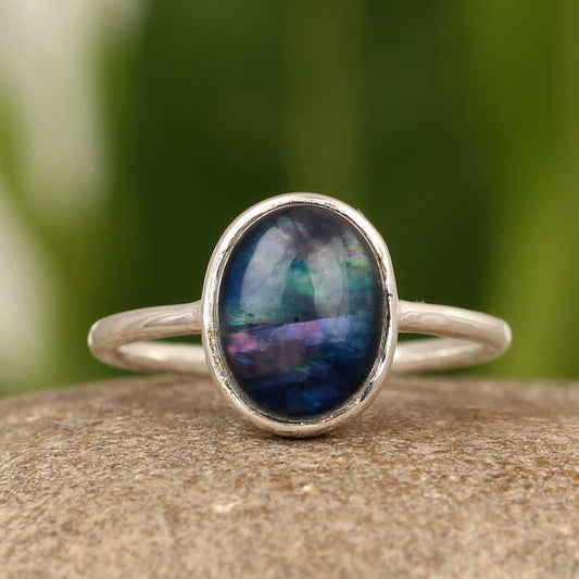 Best Quality Gorgeous Multi Color Abalone Shell Quartz Oval Shape 10X14mm Gemstone Solid 925 Sterling Silver Dainty Women Ring