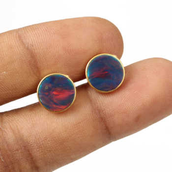 Highly Recommended 12mm Flat Solid 925 Sterling Silver 18K Gold Filled Handmade Women's Stud Earrings Black Fire Opal High Fine