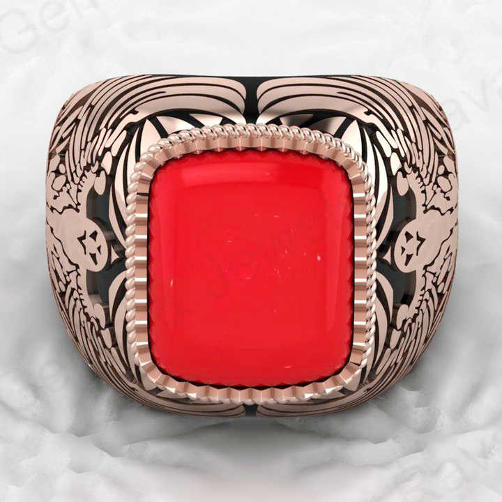 Best Selling Solid 925 Sterling Silver 9x13mm Red Coral Octa Cushion Shape Signet Ring for Men Customized Bikers Fine Jewelry