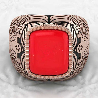 Best Selling Solid 925 Sterling Silver 9x13mm Red Coral Octa Cushion Shape Signet Ring for Men Customized Bikers Fine Jewelry