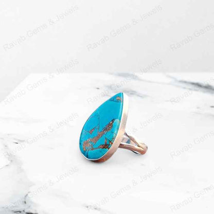 Top Quality Solid 925 Sterling Silver Natural Blue Copper Turquoise Pear 16x22mm Bezel Setting Women Wedding Ring Christmas