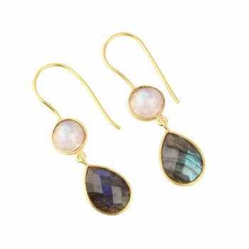 Top Quality Solid 925 Sterling Silver Natural Labradorite & Rainbow Moonstone Bezel Setting Drop Dangle Earring for Women