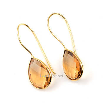 Top Selling 18K Gold Plated Sterling Silver Teardrop Earrings New Design 12x16mm Champagne Hydro Quartz Faceted Gemstone for Her
