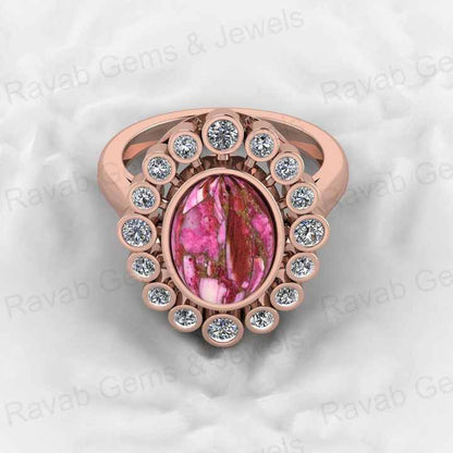 Top Selling 925 Silver 9x12mm Pink Kingman Dahlia Spiny Oyster Oval Shape Gemstone With CZ Solitaire Cocktail Ring for Women
