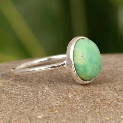 Handmade Solid 925 Silver 10x14mm Natural Green Chrysoprase Gemstone Oval Cabochon Shaped Horizontal Ring Fine Jewelry For Women