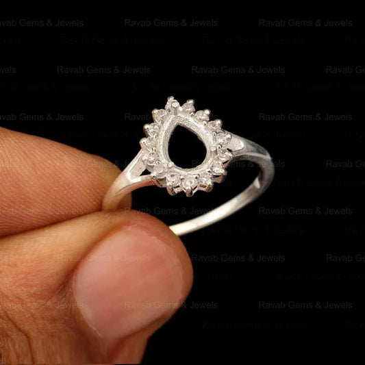 Top Quality Wholesale 925 Solid Silver 6x8mm Pear With Zircon Semi Mount Blank Prong Setting Ring Keepsake Breastmilk Jewelry
