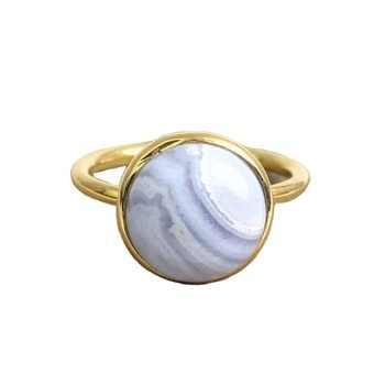 Solid 925 Sterling Silver 18K Gold Plated Handmade Fine Ring for Women With Natural Blue Lace Agate Round 10mm Bezel Setting