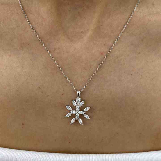 Genuine 925 Sterling Silver Lab-Diamond Marquise Cut Snowflake Design Chain Necklace For Women's Mother's Day Pendant Jewelry