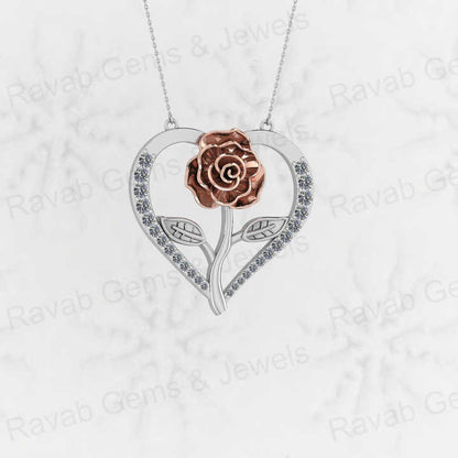 Beautiful 925 Silver 30mm Rose Leaf Flower in Heart CZ Valentines Day Dainty Pendant Necklace Personalized Love Keepsake Jewelry