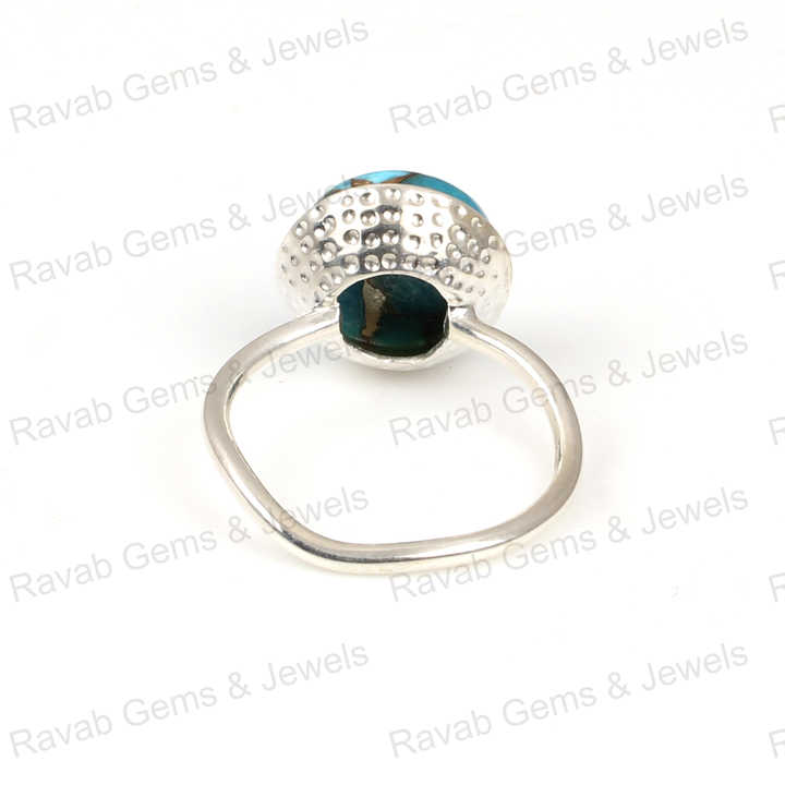 Top Selling 12mm Mohave Blue Copper Turquoise Gemstone Bezel Real 925 Silver Handmade Boho Dainty Round Wave Band Ring for Women