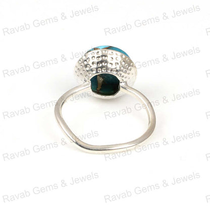 Top Selling 12mm Mohave Blue Copper Turquoise Gemstone Bezel Real 925 Silver Handmade Boho Dainty Round Wave Band Ring for Women