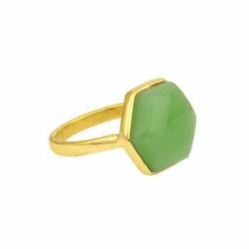 Best Selling Beautiful Natural Smooth Green Chalcedony Gemstone Bezel 18k Gold Plated 925 Silver Hexagon Dainty Ring for Women