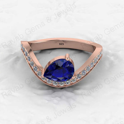 To Quality 925 Silver Faceted 6x8mm Pear Blue Sapphire Hydro With CZ Gold Vermeil Eternity Band Prong Women Ring Fine Jewelry