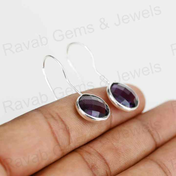 Top Quality Solid 925 Sterling Silver Amethyst Quartz 10mm Round Checker Cut Dangle Drop Earring for Women Fine Handmade Jewelry