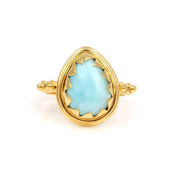 Best Selling 10x14mm Natural Dominican Larimar Gemstone Handmade Gold Vermeil Bezel Pear Shape Statement Women Ring Fine Jewelry