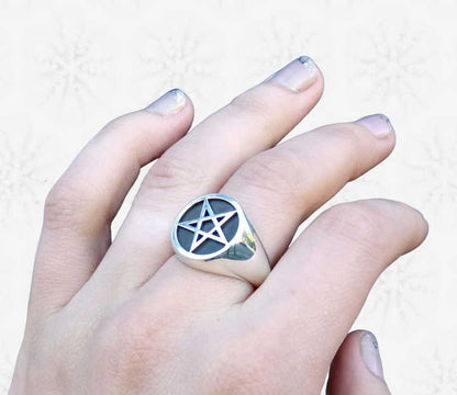 Christmas Sale Solid 925 Sterling Silver Pentacle Star Signet Engraving Signet Ring for Women & Men Fine Handmade Unique Gifts