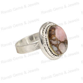New Arrival Boho Designer Women's Ring Handmade Natural Pink Copper Turquoise Gemstone Bezel Setting Rhodium for Anniversaries