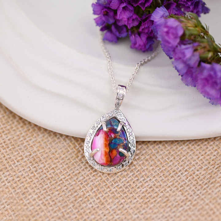 Beautiful 12x16mm Dahlia Mohave Mix Oyster Copper Turquoise With CZ 925 Silver Fine Jewelry Teardrop Pendant Necklace for Women