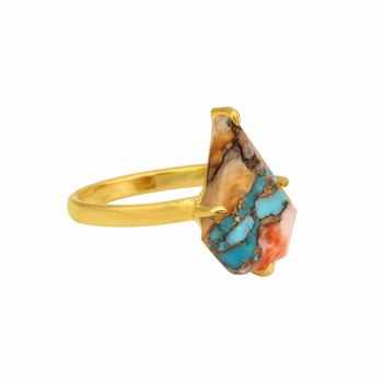 High Quality 18K Gold 18K Copper Plated Solid Sterling Silver Mohave Spiny Oyster Turquoise Prong Set Chunky Uneven Ring Parties