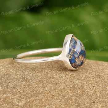 Natural Lapis Lazuli Copper Gemstone 10x14mm Pear Cabochon Solid 925 Sterling Silver Fine Handmade Women's Ring High Quality