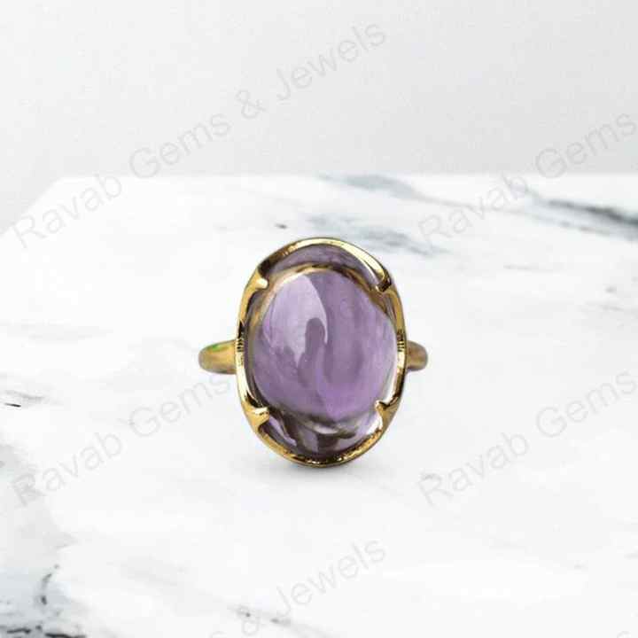 New Arrival Solid 925 Sterling Silver Natural Amethyst Cabochon 10x14mm Prong Setting 18k Gold Plated Ring for Women Jewelry
