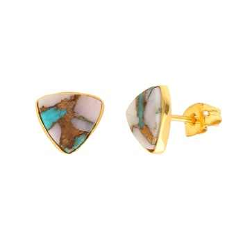 Handmade Copper Turquoise & Natural Pink Opal Trillion Cut Sterling Silver Gemstone Fine Stud Earrings Gold Plated Fine Jewelry