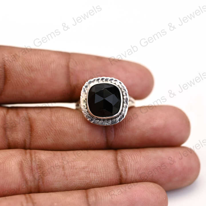 Best Selling Solid 925 Sterling Silver Natural Black Onyx Rose Cut Cushion Shape Bezel Setting Ring for Women Handmade Jewelry