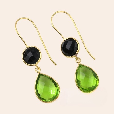 Best Selling Solid 925 Sterling Silver 18k Gold Plated Peridot & Black Onyx Drop Dangle Checker Cut Bezel Setting Fine Earring