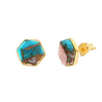 Genuine Solid 925 Sterling Silver 10mm Pink Opal Copper Turquoise Hexagon Shape 18k Gold Filled Stud Handmade Earring for Women