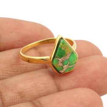 Top Selling 18K Gold Plated Sterling Silver Ring 9x15mm Mohave Green Copper Turquoise Stone Fancy Shape for Women