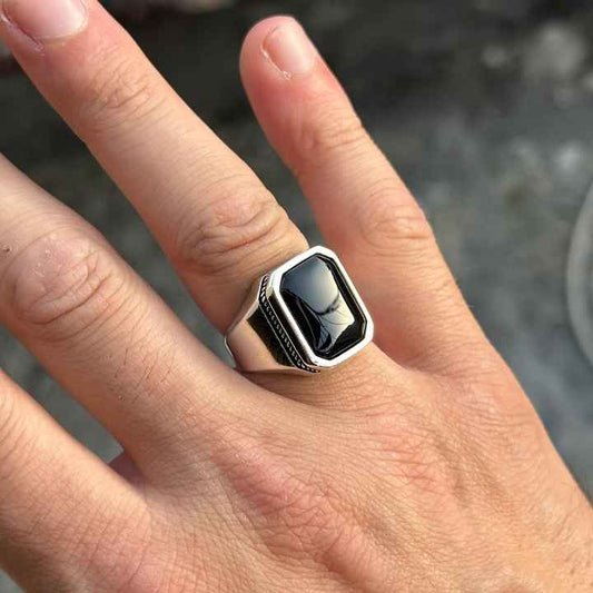 Classic Natural Black Onyx Cabochon Octa Cushion 12x16mm Bezel Setting Solid 925 Sterling Silver Mens Fine Signet Ottoman Ring