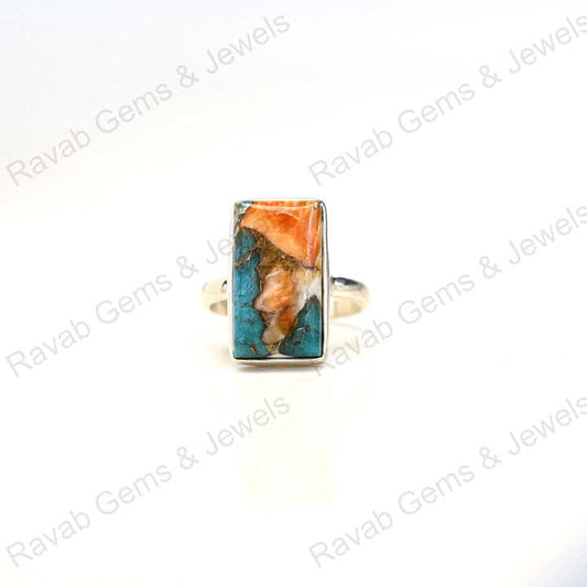 Superb Quality Solid 925 Sterling Silver Mix Oyster Turquoise Rectangle Shape Bezel Setting Ring for Women Fine Handmade Jewelry