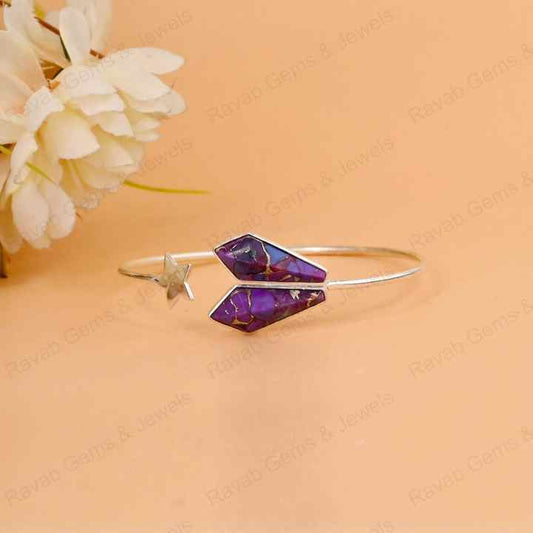 Purple Copper Turquoise Kite Shape 8x16mm Bezel Setting Star Design Solid 925 Sterling Silver Bangle Bracelet For Women Jewelry