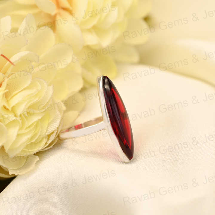 Top Quality Solid 925 Sterling Silver 9x30mm Red Garnet Hydro Cabochon Smooth Marquise Shape Ring for Women Daily Wear Jewelry