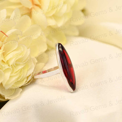 Top Quality Solid 925 Sterling Silver 9x30mm Red Garnet Hydro Cabochon Smooth Marquise Shape Ring for Women Daily Wear Jewelry