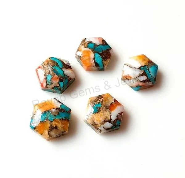Top Quality Spiny Oyster Copper Turquoise 12x12mm Hexagon Smooth Cabochons Flat Back Gemstone Turquoise Making Gold Jewelry