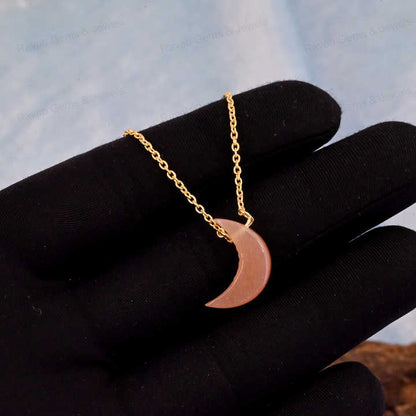 Top Trending 925 Silver Fine Jewelry Natural Crystal Peach Moonstone Floating Crescent Moon Shape Pendant Necklace for Women
