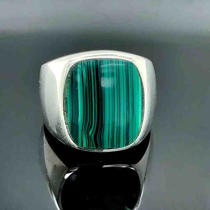 925 Sterling Silver Natural Malachite Cushion Shape 10x15mm Flat Bezel Setting Classical Men's Signet Ring Handmade Jewelry