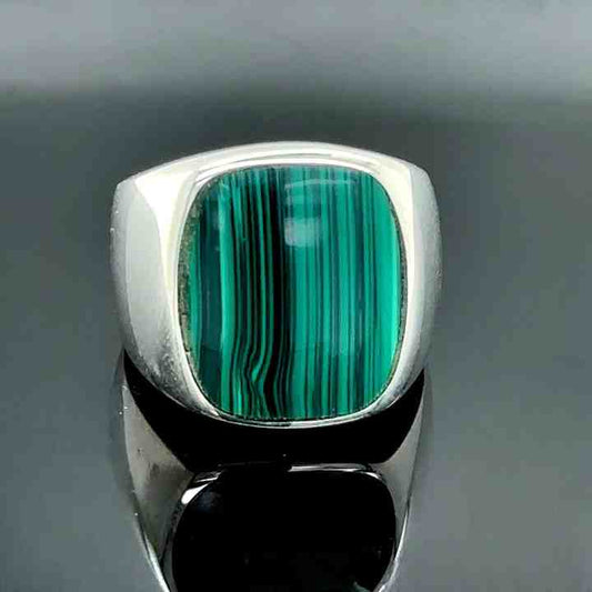 925 Sterling Silver Natural Malachite Cushion Shape 10x15mm Flat Bezel Setting Classical Men's Signet Ring Handmade Jewelry