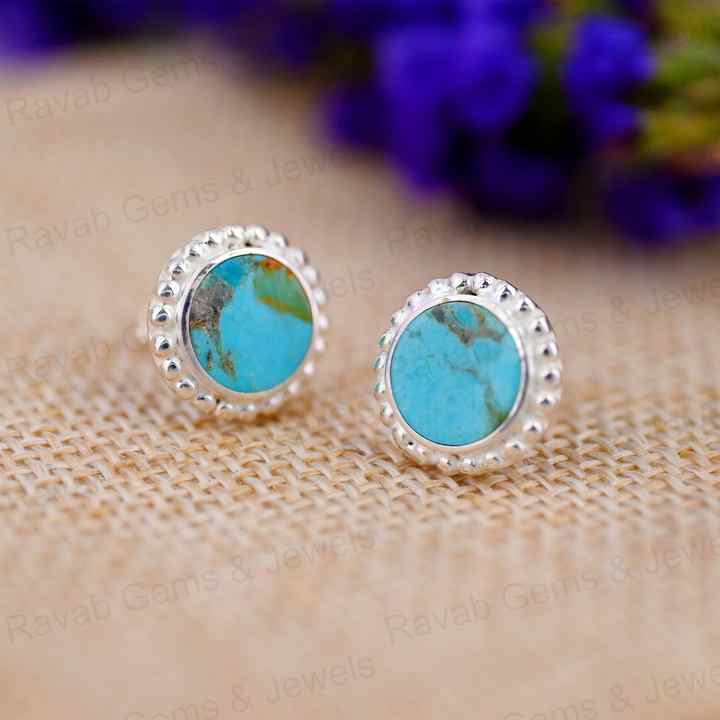 Top Selling 9mm Mohave Arizona Turquoise Gemstone Handmade 925 Silver Rhodium Plated Designer Boho Stud Earrings Navajo Jewelry