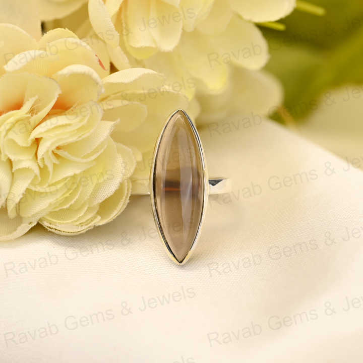 Hot Selling Solid 925 Sterling Silver Smoky Quartz Hydro 10x30mm Marquise Bezel Setting Ring for Women Fine Handmade Jewelry