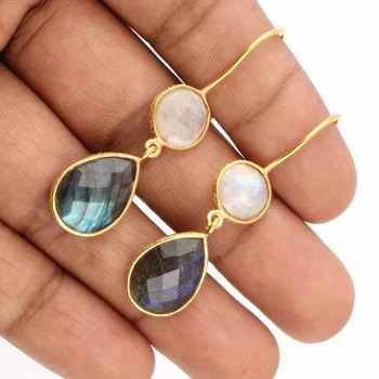 Top Quality Solid 925 Sterling Silver Natural Labradorite & Rainbow Moonstone Bezel Setting Drop Dangle Earring for Women