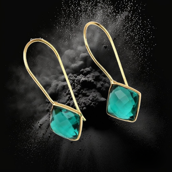 Top Solid 925 Sterling Silver Women's Drop Dangle Earrings Green Teal Sapphire Hydro 12mm Cushion Checker Cut 18K Gold Dangle