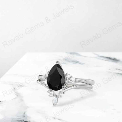 Best Quality 925 Sterling Silver Natural Black Onyx 7x9mm Pear Marquise Bridal Set Ring for Women Handmade Fine Luxury Jewelry