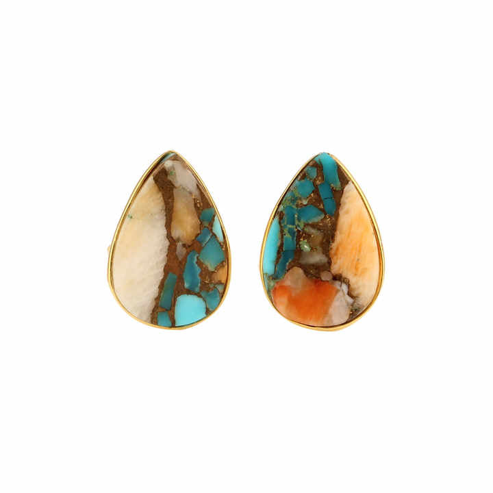 8x12mm Mohave Spiny Oyster Copper Turquoise Teardrop Stud Earring Genuine 925 Silver 18K Gold Fine Native Jewelry for Gift