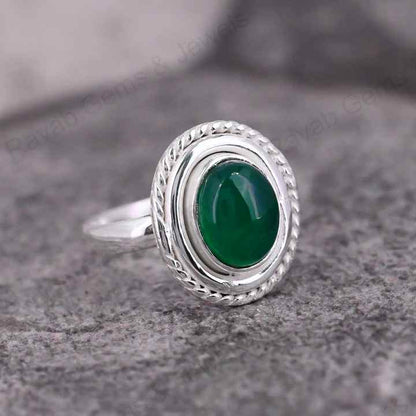 Natural Green Onyx Gemstone 8x10mm Solid 925 Sterling Silver Two Tone Bezel Setting Ring For Women Fine Handmade Jewelry