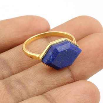 Latest 18K Gold Plated Minimalist Fine Ring Dainty Sterling Silver Jewelry with Natural Lapis Lazuli Stone Bezel Setting