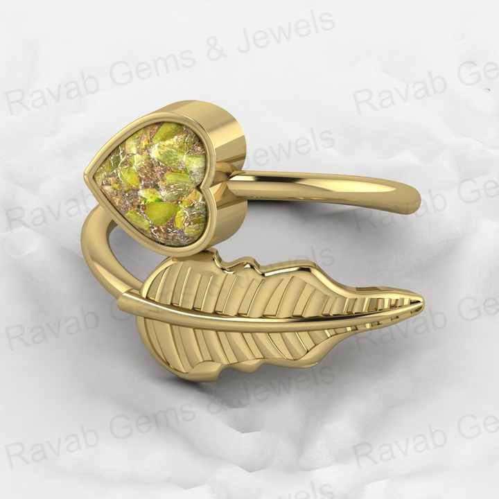 New Arrival 18K Gold Plated Genuine 8mm Heart 925 Silver Peridot Copper Turquoise Adjustable Leaf Design Ring for Women Jewelry