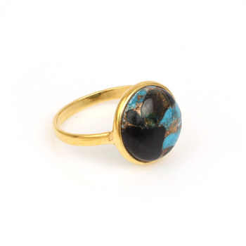 18K Gold Plated Pure 925 Sterling Silver Dainty 12mm Bezel Ring for Women Blue Black Copper Turquoise Trendy Unisex for Parties